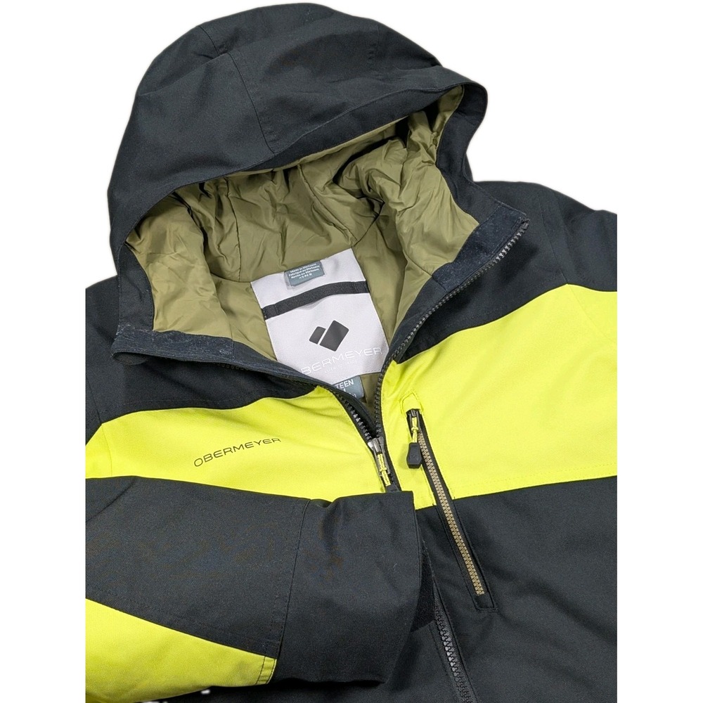 Obermeyer Fleet Ski Jacket Boys Large 14-16 Black Yellow Insulated Hooded Snow